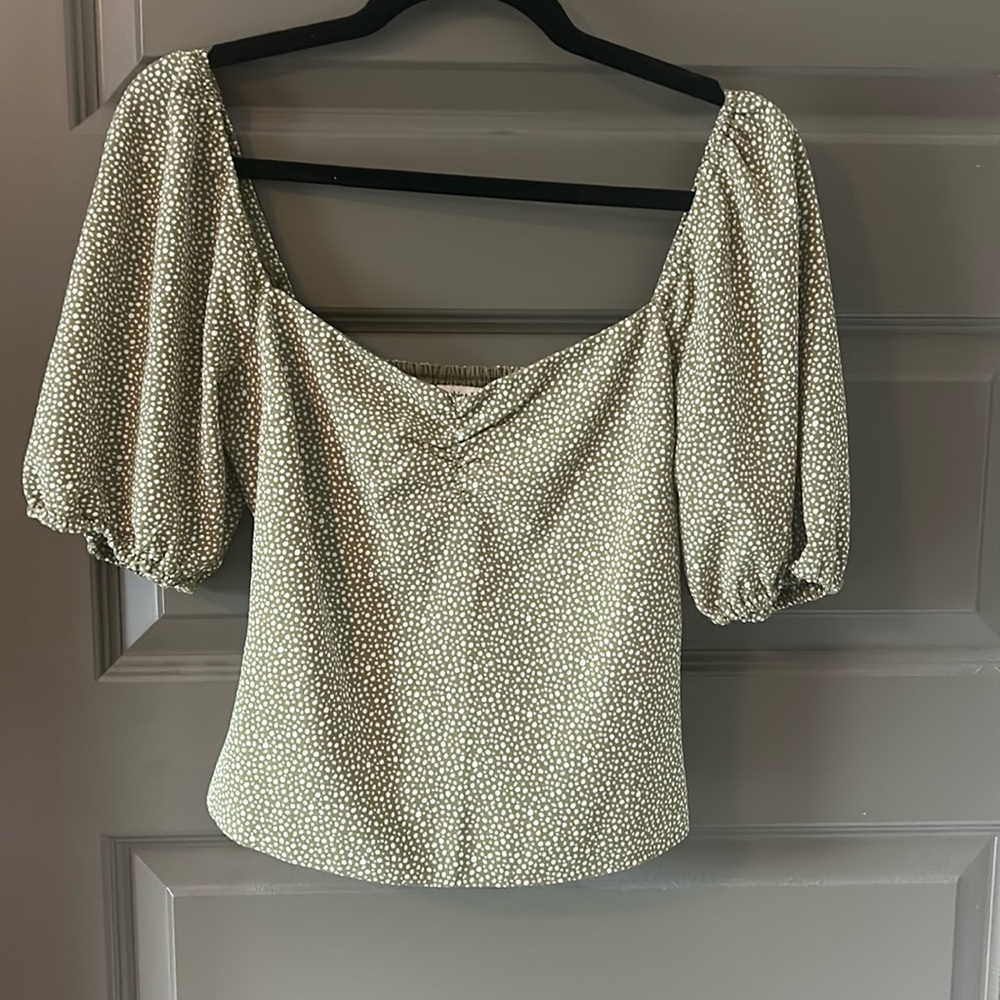 Abercrombie Green & White Puff Sleeve Blouse - Small